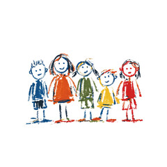 Five children holding hands with cheerful expressions in colorful attire. Children's drawing  