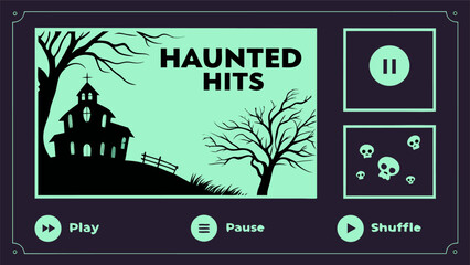 Haunted hits themed music player interface with a silhouette of a haunted house and spooky trees scene