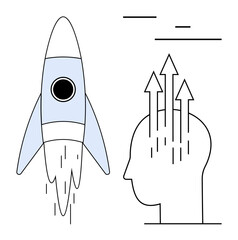 Rocket soaring upward alongside a head with arrows symbolizing ideas, progress, and innovation. Ideal for creativity, growth, motivation, development, success, learning simple landing page
