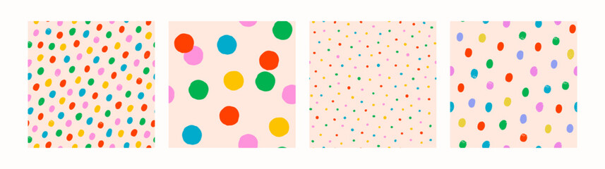Colorful confetti dot pattern set on cream background. Seamless vector polka dot texture for wrapping paper, kids decor, fabric, and prints. Playful and cheerful design. Drag to swatches panel to use