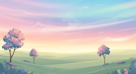 Pastel meadow with trees and sky