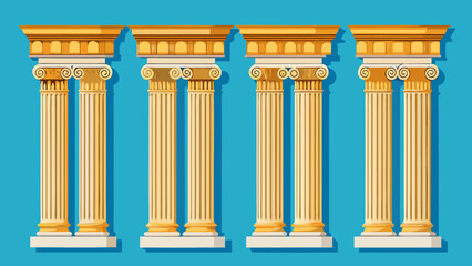 Fototapeta premium Vector art of four sets of double ionic columns stand side by side against a teal background, illustrating classical design