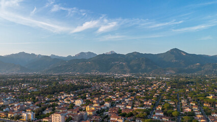 Viareggio, Italy. View from above of the city and mountains from the sea. Tourist resort town, Tyrrhenian Sea. Aerial View