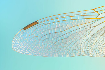 Close up showing transparent insect wing with intricate vein structure against blue background, highlighting delicate patterns and natural symmetry in extreme macro detail