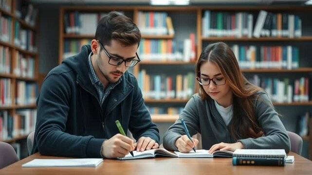 Two focused students wearing glasses study diligently at a wooden desk in a library filled with bookshelves