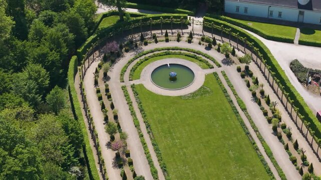 ch&acirc;teau seneffe fountain orangery scene ground area some repair work underway ongoing front circles aerial of de belgium maintenance 