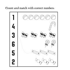 Layout of a black and white game for children. Count and match. Candies, lollipops, toys. EPS 10