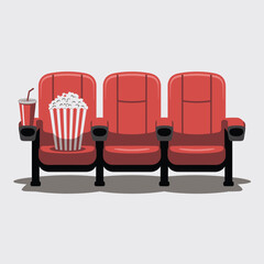 Fototapeta premium Three Red Movie Theater Seats with Popcorn and Soda Cup a Simple Flat Illustration of Empty Seats Ready for Moviegoers a Classic Cinema Experience Depicted in a Minimalist Style
