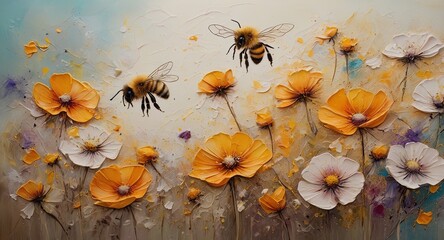 Closeup of abstract rough colorful multicolored organic floral wild flowers  and honey bees art painting texture, with oil acrylic brushstroke, pallet knife paint on canvas. Wallpaper, banner