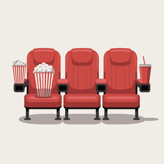 Fototapeta premium Three Red Movie Theater Seats with Popcorn and Soda Ready for Moviegoers Enjoying a Film Night Out Cinema Experience