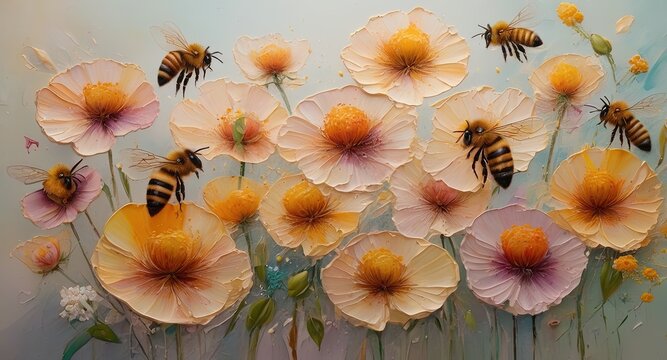 Closeup of abstract rough colorful multicolored organic floral wild flowers  and honey bees art painting texture, with oil acrylic brushstroke, pallet knife paint on canvas. Wallpaper, banner - Powered by Adobe