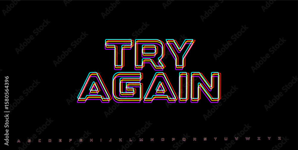 Fototapete try again distorted glitch phrase. rgb neon text for game fail screen, retry message, or pixel error