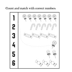 Black and white children's game layout for printing. Child development and games with children. Counting and matching. Candies, lollipops, toys. EPS 10