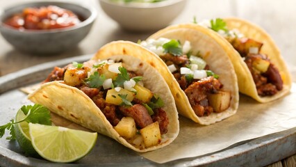 Three tacos al pastor on rustic plate with charred pork, pineapple, onion, cilantro, and lime. Shot outdoors with soft daylight and market-style blur. Realistic, bold, and mouthwatering.