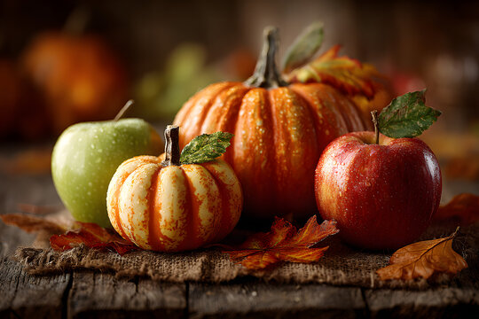 Thanksgiving background: Apples, pumpkins and fallen leaves on wooden background. Copy space for text. Halloween, Thanksgiving day or seasonal background. Design mock up.