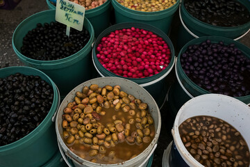 Green and black olives in the oriental market in Antalya Turkey