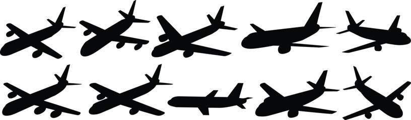 Airplane Silhouette Vector Pack, Aircraft Collection Clipart, Aviation Design Icons, Black and White Flight Shapes for Travel, Transport, Aerospace
