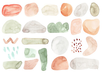 Abstract watercolor art shapes set. Minimal modern art hand painted decoration shapes. Organic doodle, watercolor stain and painting shapes. round paint blob and brush geometric shapes.