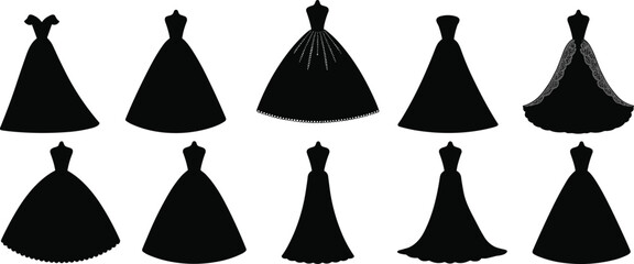 Bridal Dress Silhouettes Vector Set, Elegant Wedding Gown Designs, Fashion Clipart Icons, Black and White Illustration for Formal Wear Style