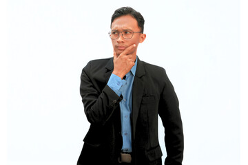 An Asian man wearing a suit with a thinking expression