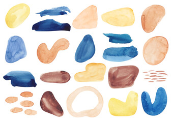 Abstract watercolor art shapes set. Blue, beige, brown and orange colors. Minimal modern art hand painted decoration shapes. Organic doodle, watercolor stain and painting shapes. round paint blob and