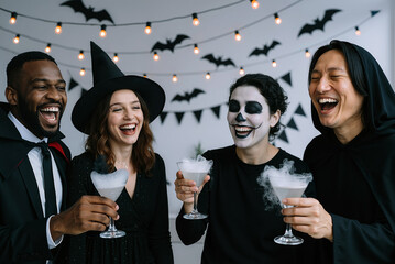 group of friends in halloween costumes enjoying a festive celebration indoors with drinks and decorations, featuring diverse ages and ethnicities