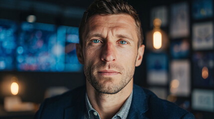 Obraz premium A handsome man with blue eyes and beard in a suit looking at the camera. Professional portrait for business and finance.