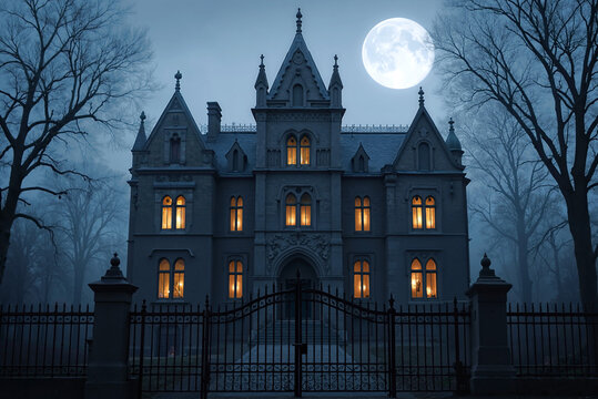 Gothic mansion illuminated at night under a full moon with a wrought iron gate and leafless trees creating a mysterious and eerie atmosphere