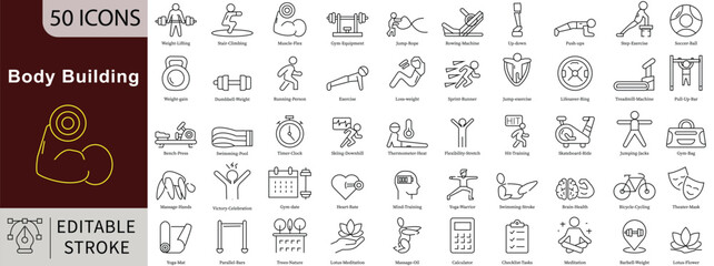 Body Building Line Icons Set with Editable Stroke for Fitness, Strength Training, Muscle, and Gym Equipment