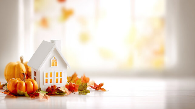 Charming autumn decoration with small white house, orange pumpkins, and colorful fall leaves on wooden surface, creating warm and cozy seasonal atmosphere