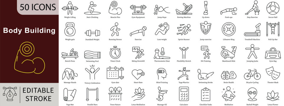 Body Building Line Icons Set with Editable Stroke for Fitness, Strength Training, Muscle, and Gym Equipment