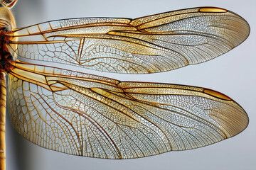 Close up showing intricate structure of dragonfly wings with detailed veins and transparent membranes, highlighting delicate patterns and natural symmetry in insect anatomy