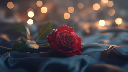 Red rose on dark fabric, soft lighting
