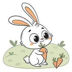 Obraz premium Cute cartoon bunny rabbit holding a carrot in a grassy field vector clipart