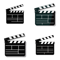 Four Black and White Film Clapperboards Movie Production Icon Set Simple Flat Design Illustration Isolated on White Background