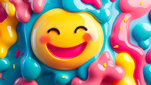 Vibrant abstract design featuring a smiling face surrounded by colorful fluid shapes