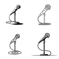 Four Black and White Illustrations of Microphones on Stands Simple Line Art Designs of Audio Equipment for Recording or Broadcasting