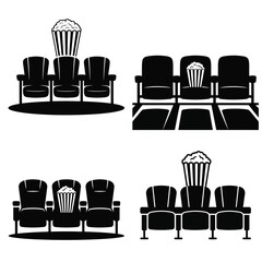 Four Black and White Illustrations of Movie Theater Seats with Popcorn Buckets cinema chairs