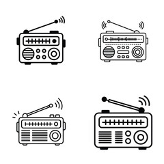 Four Black and White Line Drawings of Vintage Portable Radios with Telescopic Antennas and Radio Waves Illustration Pack 14