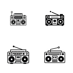 Four Black and White Retro Boombox Cassette Tape Player Icons Set Vintage Style 80s 90s Music Graphic Design Elements