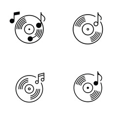 Four Black Line Art Vinyl Records with Musical Notes on White Background Simple Music Icons Set Pack Five