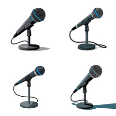 Four Black Microphones on Stands with Blue Accents Isolated on White Background Pack 26 Different Angles and Positions of Microphones on Tabletop Stands Audio Equipment