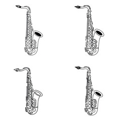 Four Black Outline Drawings of Alto Saxophones on White Background Simple Line Art Musical Instrument Illustrations Pack 18