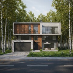 Modern house with garage and outdoor seating surrounded by birch trees on a sunny day view from street