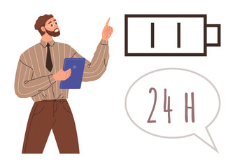 Man holding a clipboard and pointing to a battery icon, speech bubble shows 24H. Ideal for productivity, energy, time management, innovation, work-life balance, sustainability, simple flat metaphor
