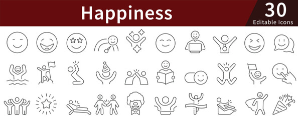 Happiness Emotion Line Icons Set with Editable Stroke for Joy, Smile, Celebration, and Positive Expression Management