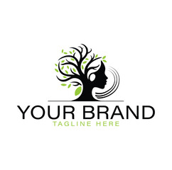 Elegant logo design featuring a woman's profile and a tree, perfect for a beauty brand.