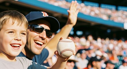 Father and Son Enjoying Baseball Game Together Holding a Baseball