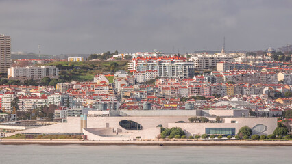 Obraz premium Aerial timelapse of the Champalimaud Foundation's Amphitheatre overlooking the Tagus River in Lisbon, Portugal.