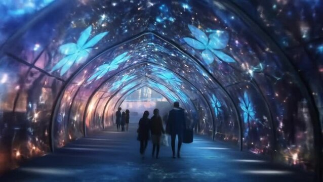 People walk through glowing tunnel filled with projected floral lights and sparkling patterns in immersive nighttime atmosphere. Interactive art concept